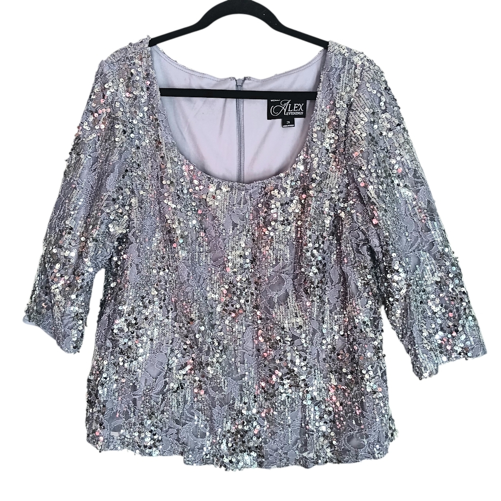 Alex Evenings Sequin Blouse Women's Size 2X Light Purple‎ & Silver 3/4 Sleeve